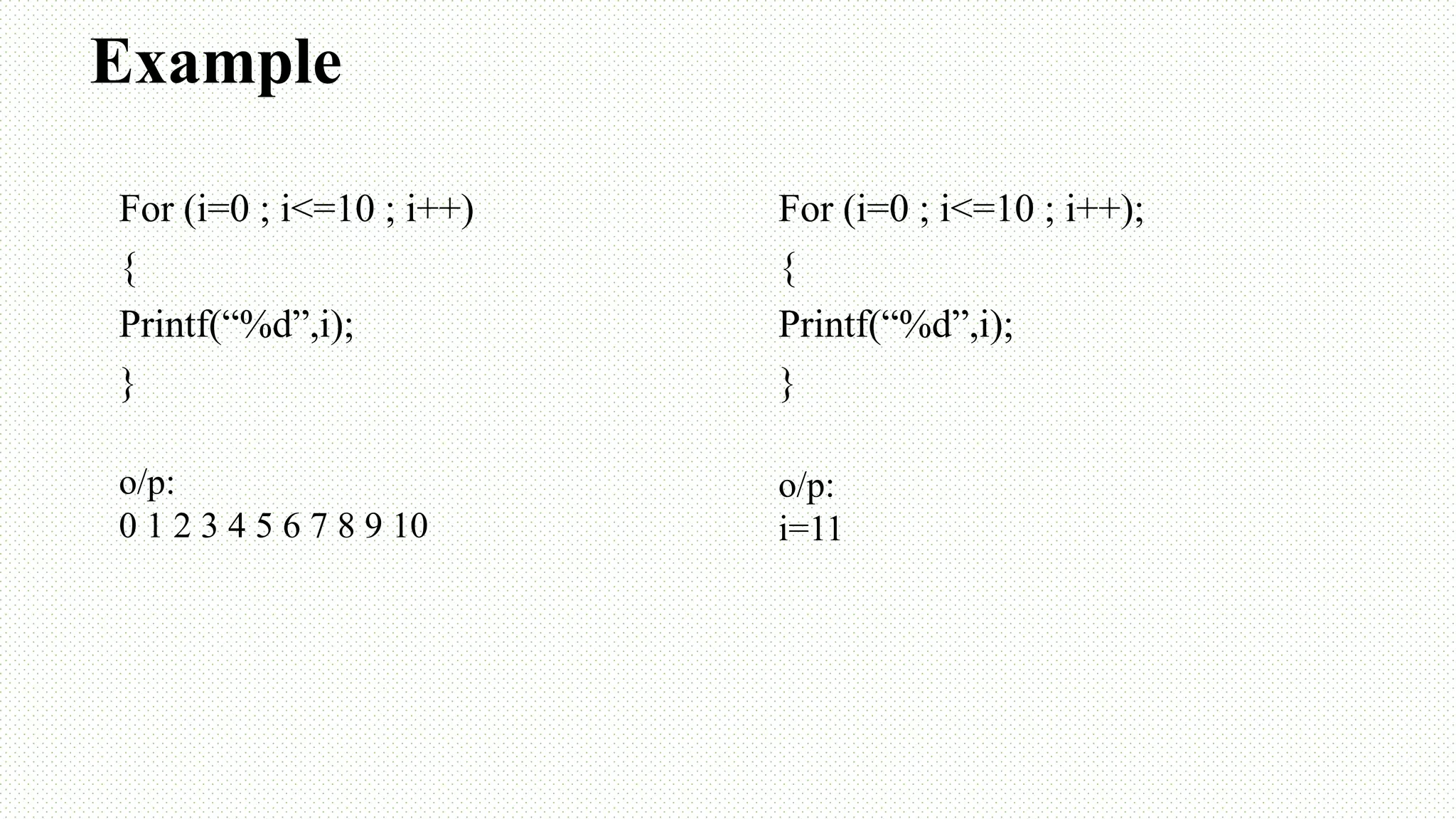 Example For (i=0 ; i<=10 ; i++) { Printf(“%d”,i); } For (i=0 ; i<=10 ; i++); { Printf(“%d”,i); } o/p: 0 1 2 3 4 5 6 7 8 9 10 o/p: i=11 