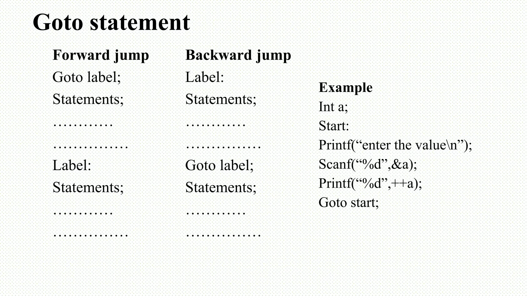 Goto statement Forward jump Goto label; Statements; ………… …………… Label: Statements; ………… …………… Backward jump Label: Statements; ………… …………… Goto label; Statements; ………… …………… Example Int a; Start: Printf(“enter the valuen”); Scanf(“%d”,&a); Printf(“%d”,++a); Goto start; 