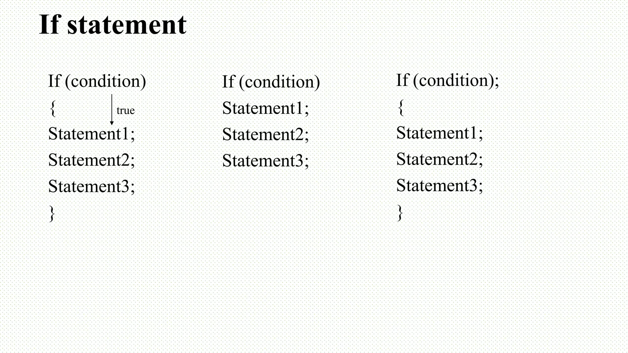 If statement If (condition) { Statement1; Statement2; Statement3; } If (condition) Statement1; Statement2; Statement3; If (condition); { Statement1; Statement2; Statement3; } true 