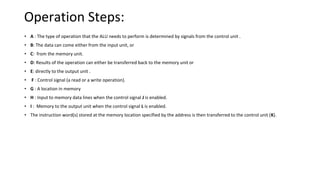 Operation Steps:
• A : The type of operation that the ALU needs to perform is determined by signals from the control unit .
• B: The data can come either from the input unit, or
• C: from the memory unit.
• D: Results of the operation can either be transferred back to the memory unit or
• E: directly to the output unit .
• F : Control signal (a read or a write operation).
• G : A location in memory
• H : Input to memory data lines when the control signal J is enabled.
• I : Memory to the output unit when the control signal L is enabled.
• The instruction word(s) stored at the memory location specified by the address is then transferred to the control unit (K).
 