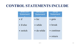 CONTROL STATEMENTS INCLUDE
Selection
Statement
s
• if
• if-else
• switch
Iteration
Statement
s
• for
• while
• do-while
Jump
Statement
s
• goto
• break
• continue
• return
UNIT I 143
 