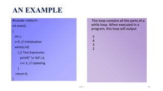 AN EXAMPLE
#include <stdio.h>
int main()
{
int c;
c=5; // Initialization
while(c>0)
{ // Test Expression
printf(“ n %d”,c);
c=c-1; // Updating
}
return 0;
}
This loop contains all the parts of a
while loop. When executed in a
program, this loop will output
5
4
3
2
UNIT I 162
 