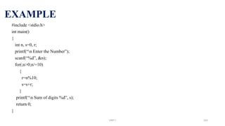 EXAMPLE
#include <stdio.h>
int main()
{
int n, s=0, r;
printf(“n Enter the Number”);
scanf(“%d”, &n);
for(;n>0;n/=10)
{
r=n%10;
s=s+r;
}
printf(“n Sum of digits %d”, s);
return 0;
}
UNIT I 165
 
