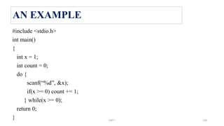 AN EXAMPLE
#include <stdio.h>
int main()
{
int x = 1;
int count = 0;
do {
scanf(“%d”, &x);
if(x >= 0) count += 1;
} while(x >= 0);
return 0;
} UNIT I 168
 