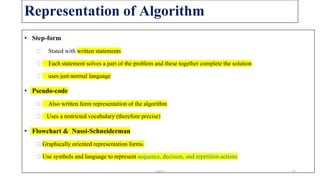 Representation of Algorithm
• Step-form
⮚ Stated with written statements
⮚ Each statement solves a part of the problem and these together complete the solution
⮚ uses just normal language
• Pseudo-code
⮚ Also written form representation of the algorithm
⮚ Uses a restricted vocabulary (therefore precise)
• Flowchart & Nassi-Schneiderman
⮚ Graphically oriented representation forms.
⮚ Use symbols and language to represent sequence, decision, and repetition actions
UNIT I 33
 