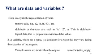 What are data and variables ?
1.Data is a symbolic representation of value.
numeric data, e.g., 12, 11.45, 901, etc.
alphabetic or character data such as ‘A’, ‘Z’, or ‘This is alphabetic’
logical data, that is, propositions with true/false values
2. A variable, which has a name, is a container for a value that may vary during
the execution of the program.
Variable names are shorter than the original name(Ex:kettle_empty)
UNIT I 34
 