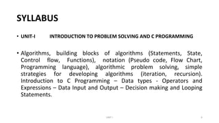 SYLLABUS
• UNIT-I INTRODUCTION TO PROBLEM SOLVING AND C PROGRAMMING
• Algorithms, building blocks of algorithms (Statements, State,
Control flow, Functions), notation (Pseudo code, Flow Chart,
Programming language), algorithmic problem solving, simple
strategies for developing algorithms (iteration, recursion).
Introduction to C Programming – Data types - Operators and
Expressions – Data Input and Output – Decision making and Looping
Statements.
UNIT I 4
 