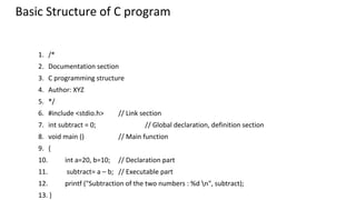 Basic Structure of C program
1. /*
2. Documentation section
3. C programming structure
4. Author: XYZ
5. */
6. #include <stdio.h> // Link section
7. int subtract = 0; // Global declaration, definition section
8. void main () // Main function
9. {
10. int a=20, b=10; // Declaration part
11. subtract= a – b; // Executable part
12. printf ("Subtraction of the two numbers : %d n", subtract);
13. }
 