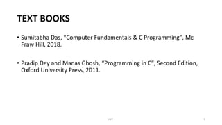 TEXT BOOKS
• Sumitabha Das, “Computer Fundamentals & C Programming”, Mc
Fraw Hill, 2018.
• Pradip Dey and Manas Ghosh, “Programming in C”, Second Edition,
Oxford University Press, 2011.
UNIT I 9
 