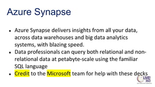Azure Synapse
● Azure Synapse is a limitless analytics service
that brings together enterprise data
warehousing and Big Da...