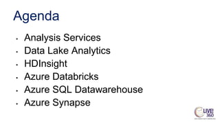Agenda
• Analysis Services
• Data Lake Analytics
• HDInsight
• Azure Databricks
• Azure SQL Datawarehouse
• Azure Synapse
 