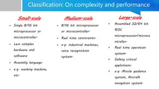 Classification: On complexity and performance
Small-scale
• Single 8/16 bit
microprocessor or
microcontroller.
• Less complex
hardware and
software.
• Assembly language.
• e.g. washing machine,
etc.
Medium-scale
• 8/16 bit microprocessor
or microcontroller.
• Real time constraints.
• e.g. industrial machines,
voice recognisition
system.
Large-scale
• Assembled 32/64 bit
RISC
microprocessor/microco
ntroller.
• Real time operation
system.
• Safety critical
applictions.
• e.g. Missile guidance
system, Aircraft
navigation system.
 