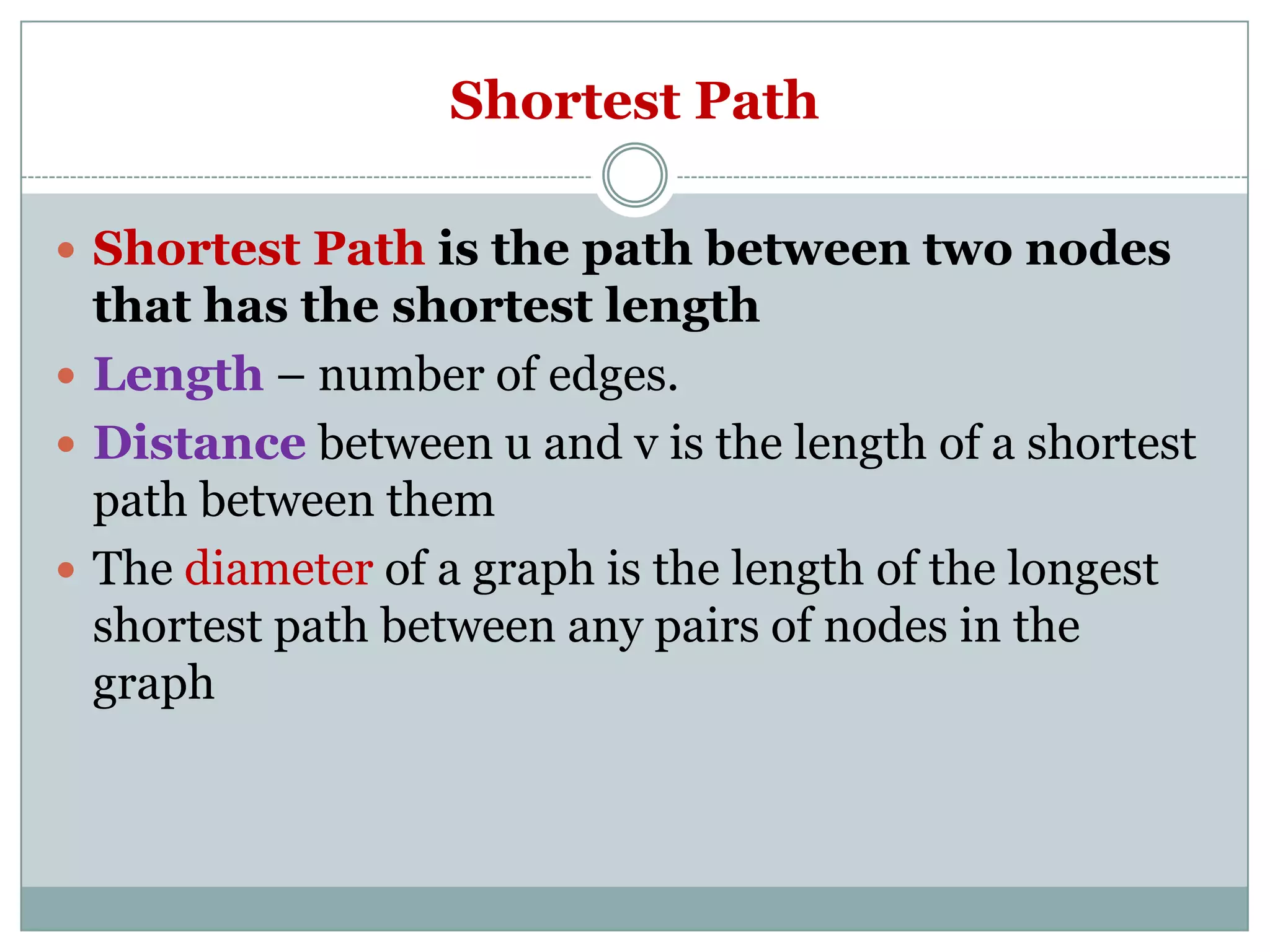 Shortest Path
 Shortest Path is the path between two nodes

that has the shortest length
 Length – number of edges.
 Distance between u and v is the length of a shortest
path between them
 The diameter of a graph is the length of the longest
shortest path between any pairs of nodes in the
graph

 