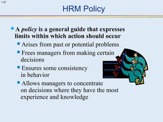 1-27 
HRM Policy 
A policy is a general guide that expresses 
limits within which action should occur 
Arises from past or potential problems 
Frees managers from making certain 
decisions 
Ensures some consistency 
in behavior 
Allows managers to concentrate 
on decisions where they have the most 
experience and knowledge 
 