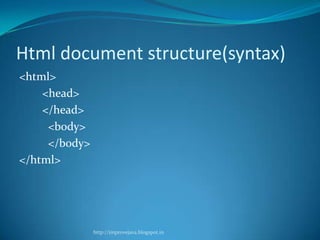 Html document structure(syntax)
<html>
<head>
</head>
<body>
</body>
</html>

http://improvejava.blogspot.in

 