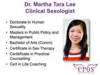 Dr. Martha Tara Lee
Clinical Sexologist
• Doctorate in Human
Sexuality
• Masters in Public Policy and
Management
• Bachelo...