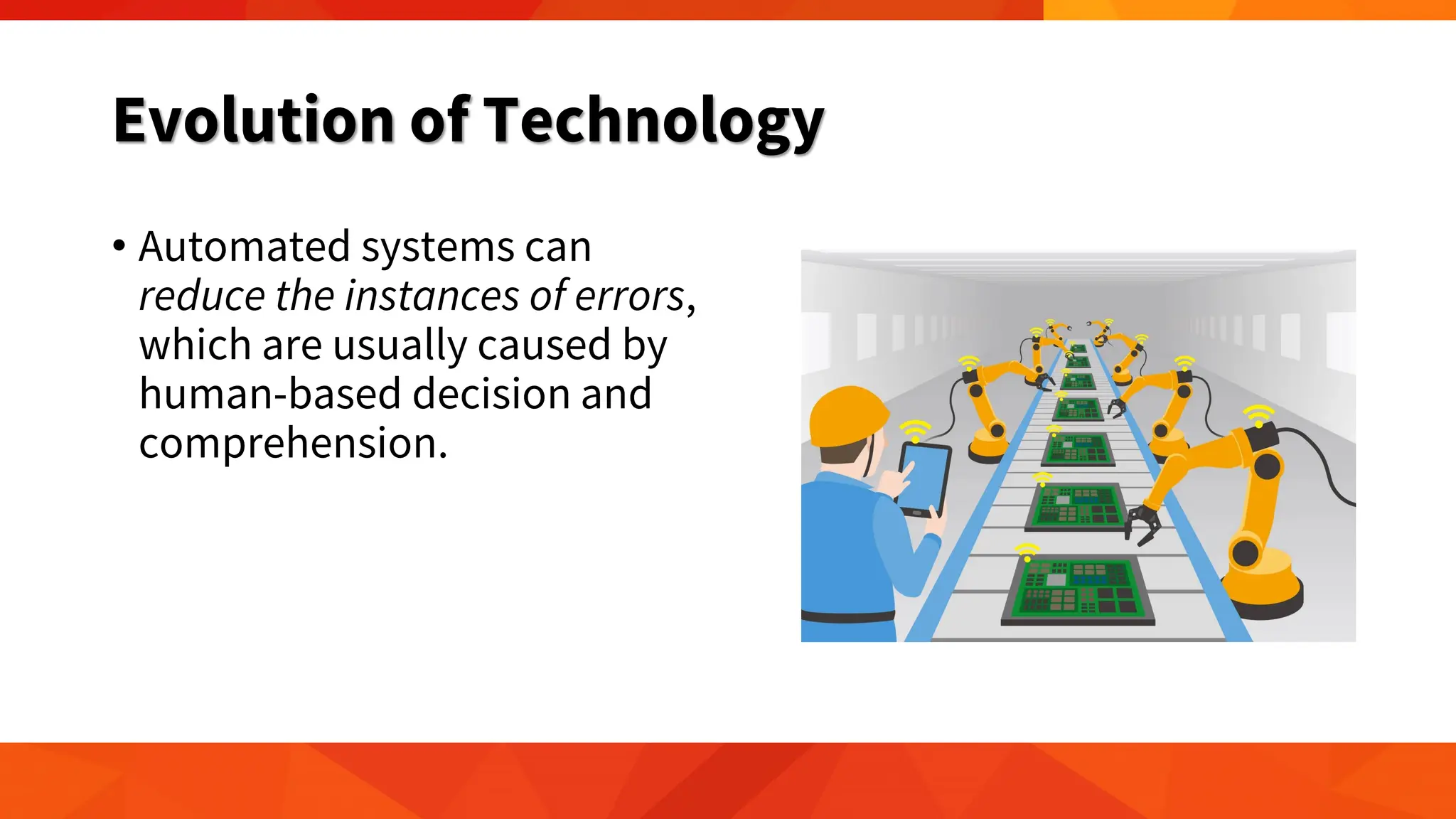 Evolution of Technology
• Automated systems can
reduce the instances of errors,
which are usually caused by
human-based decision and
comprehension.
 