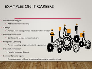 EXAMPLES ON IT CAREERS
• Information Security Jobs
• Address information security
• IT Analyst
• Translate business requirement into technical specification
• Network Administration
• Configure and operate computer network
• Management Consulting
• Provide consulting for government and organizations
• Database Administration
• Managing corporate database
• Computer Forensics Expert
• Extracts computer evidence for detecting/preventing /prosecuting crimes
 