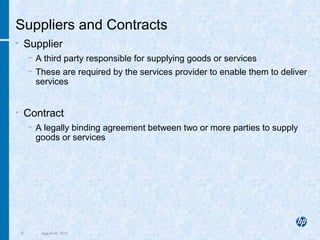 9 August 22, 2013
Suppliers and Contracts
• Supplier
− A third party responsible for supplying goods or services
− These are required by the services provider to enable them to deliver
services
• Contract
− A legally binding agreement between two or more parties to supply
goods or services
 