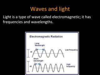 Waves and light
Light is a type of wave called electromagnetic; it has
frequencies and wavelengths.
 