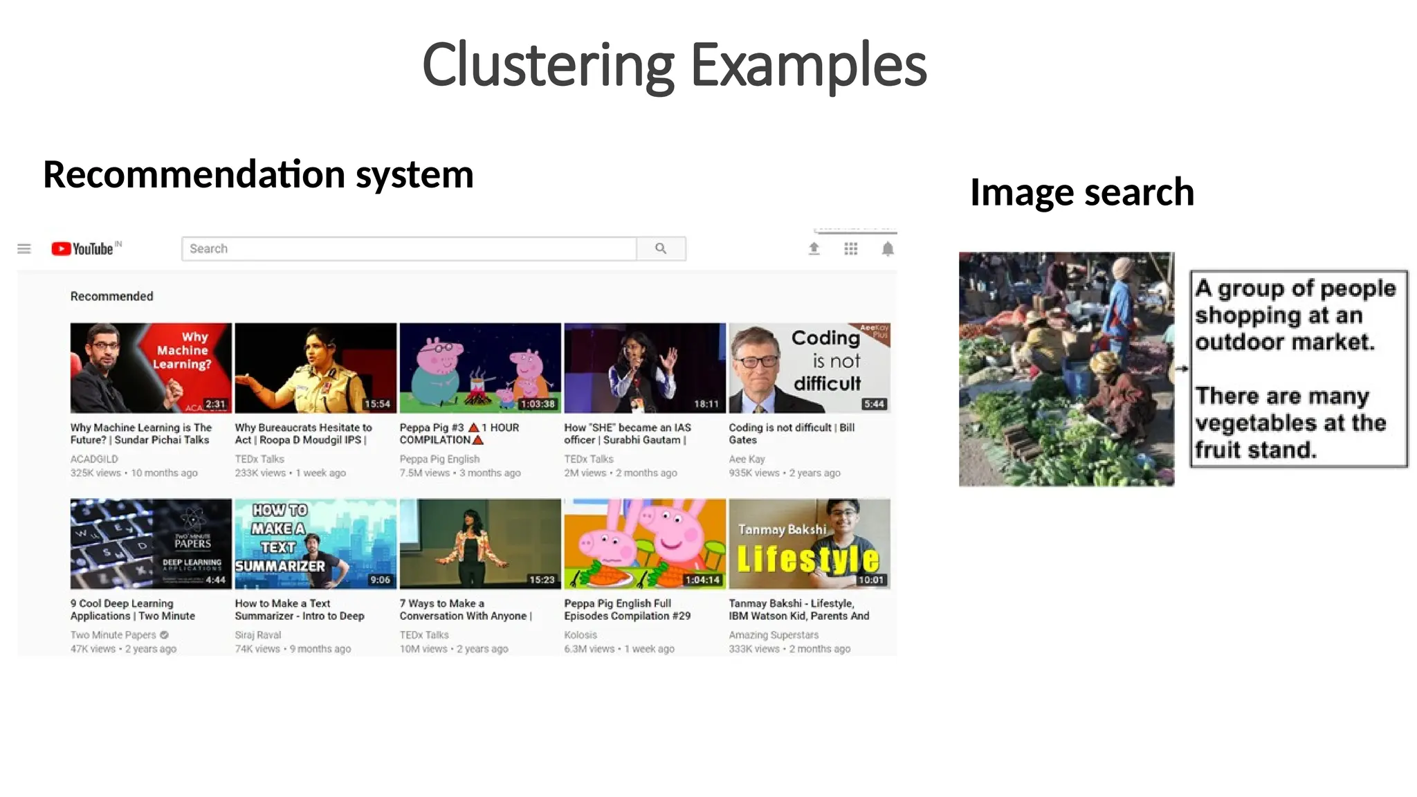 Clustering Examples
Recommendation system Image search
 