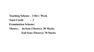Teaching Scheme – 3 Hrs / Week
Total Credit - 3
Examination Scheme:
Theory: In-Sem (Theory): 30 Marks
End Sem (Theory): 70 Marks
 