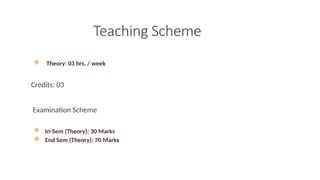 Teaching Scheme
 Theory: 03 hrs. / week
Credits: 03
Examination Scheme
 In-Sem (Theory): 30 Marks
 End Sem (Theory): 70 Marks
 