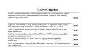 Course Outcomes
Analyze foundational machine learning algorithms such as linear regression, logistic
regression, decision trees, and support vector machines, along with their learning
types and application areas. C405.1
Apply the fundamentals of deep learning architectures to implement simple neural
network models using frameworks such as TensorFlow, Keras, and PyTorch.. C405.2
Analyze deep learning architectures and techniques for their effectiveness in real-
world applications. C405.3
Analyze various deep Convolutional Neural Network (CNN) architectures and their
applications in computer vision C405.4
Analyze the functionality of various Natural Language Processing (NLP)
architectures. C405.5
Analyze the computer vision and Natural Language processing (NLP) techniques with
their applications. C405.6
 