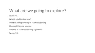 What are we going to explore?
AI and ML
What is Machine Learning?
Traditional Programming vs Machine Learning
Phases of Machine learning
Timeline of Machine Learning Algorithms
Types of ML
 