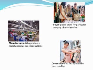 Consumer-who finally uses the
merchandise
Manufacturer-Who produces
merchandise as per specifications
Buyer-places order for particular
category of merchandise
 