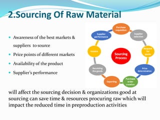 2.Sourcing Of Raw Material
 Awareness of the best markets &
suppliers to source
 Price points of different markets
 Availability of the product
 Supplier’s performance
will affect the sourcing decision & organizations good at
sourcing can save time & resources procuring raw which will
impact the reduced time in preproduction activities
 