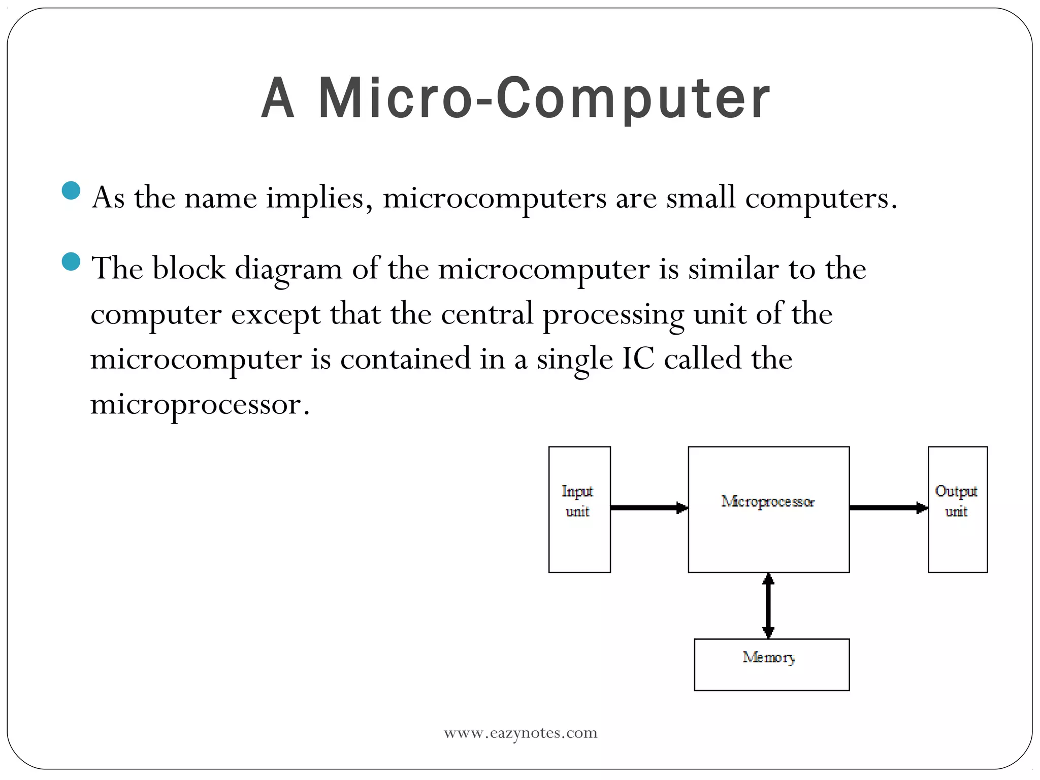 www.eazynotes.com
A Micro-Computer
As the name implies, microcomputers are small computers.
The block diagram of the microcomputer is similar to the
computer except that the central processing unit of the
microcomputer is contained in a single IC called the
microprocessor.
 