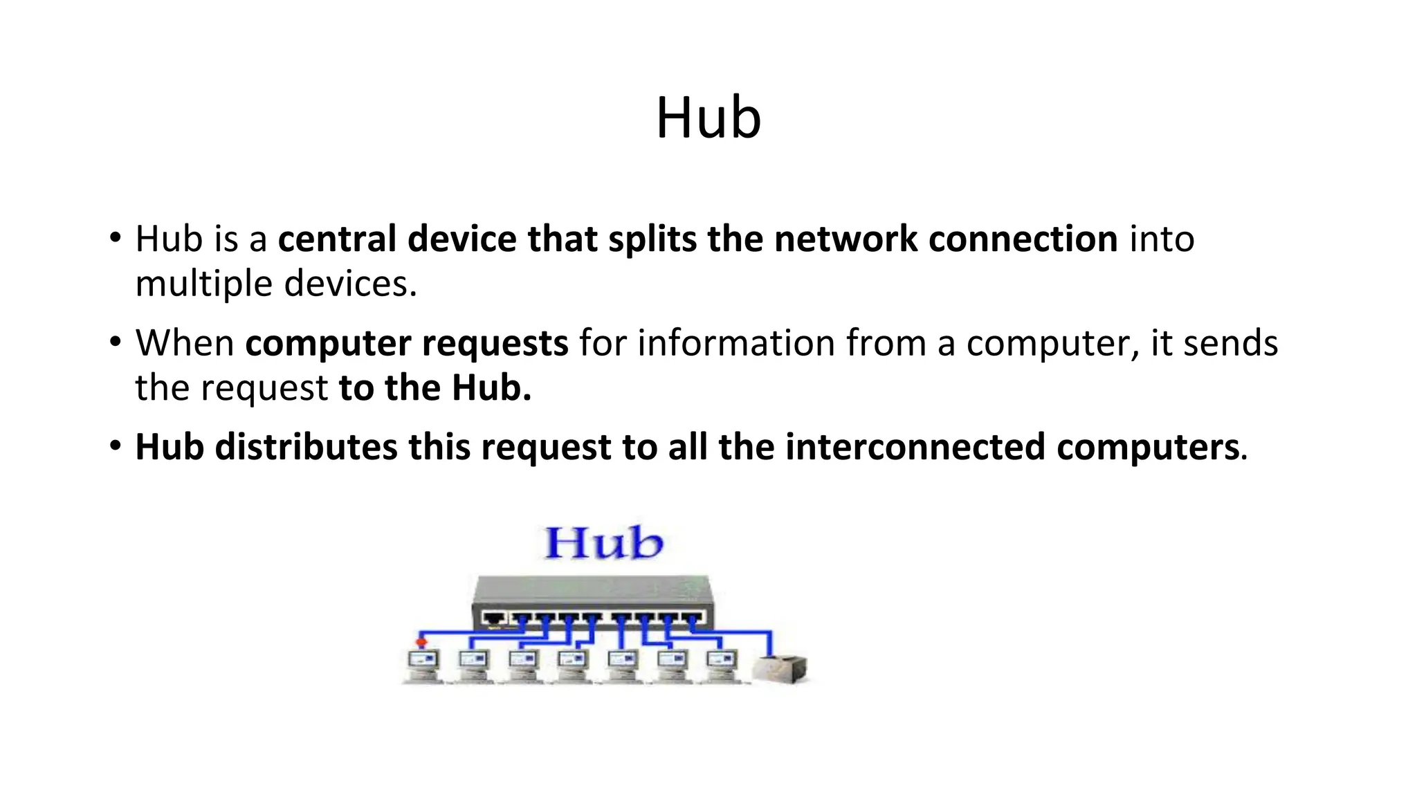 Hub
• Hub is a central device that splits the network connection into
multiple devices.
• When computer requests for information from a computer, it sends
the request to the Hub.
• Hub distributes this request to all the interconnected computers.
 