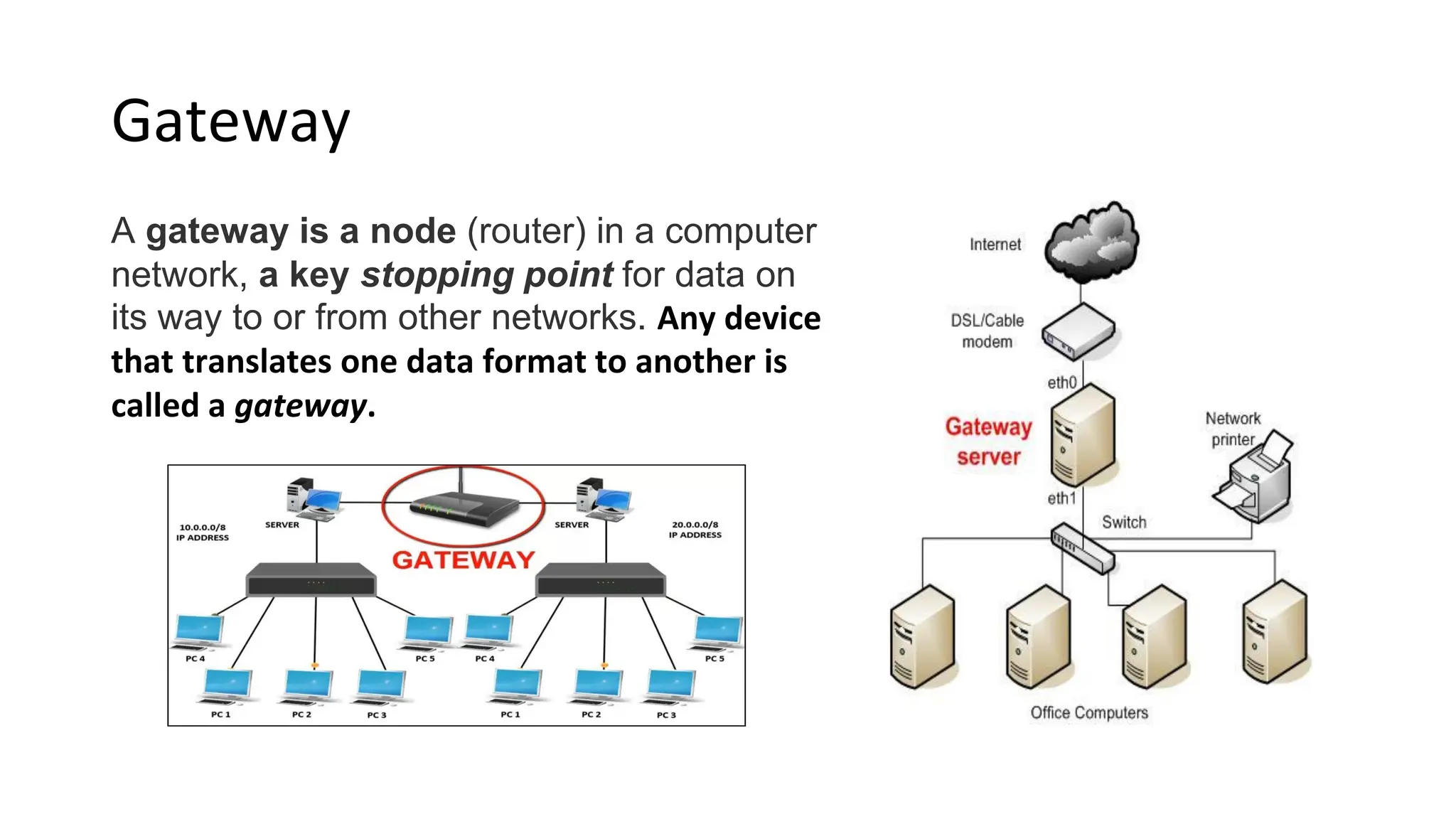 Gateway
A gateway is a node (router) in a computer
network, a key stopping point for data on
its way to or from other networks. Any device
that translates one data format to another is
called a gateway.
 