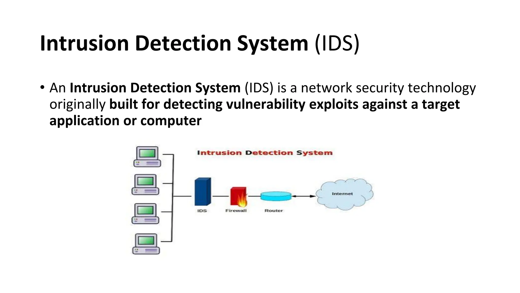 Intrusion Detection System (IDS)
• An Intrusion Detection System (IDS) is a network security technology
originally built for detecting vulnerability exploits against a target
application or computer
 