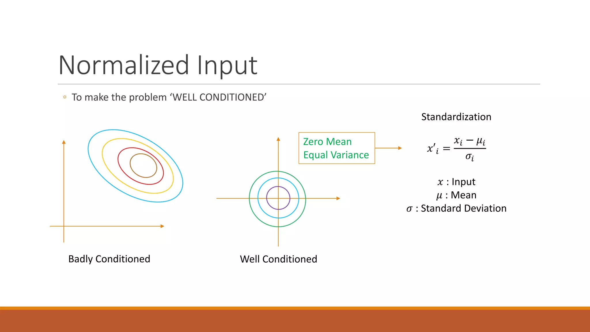 Normalized Input
◦ To make the problem ‘WELL CONDITIONED’
Badly Conditioned Well Conditioned
Zero Mean
Equal Variance
Standardization
𝑥𝑥𝑥𝑖𝑖 =
𝑥𝑥𝑖𝑖 − 𝜇𝜇𝑖𝑖
𝜎𝜎𝑖𝑖
𝑥𝑥 : Input
𝜇𝜇 : Mean
𝜎𝜎 : Standard Deviation
 
