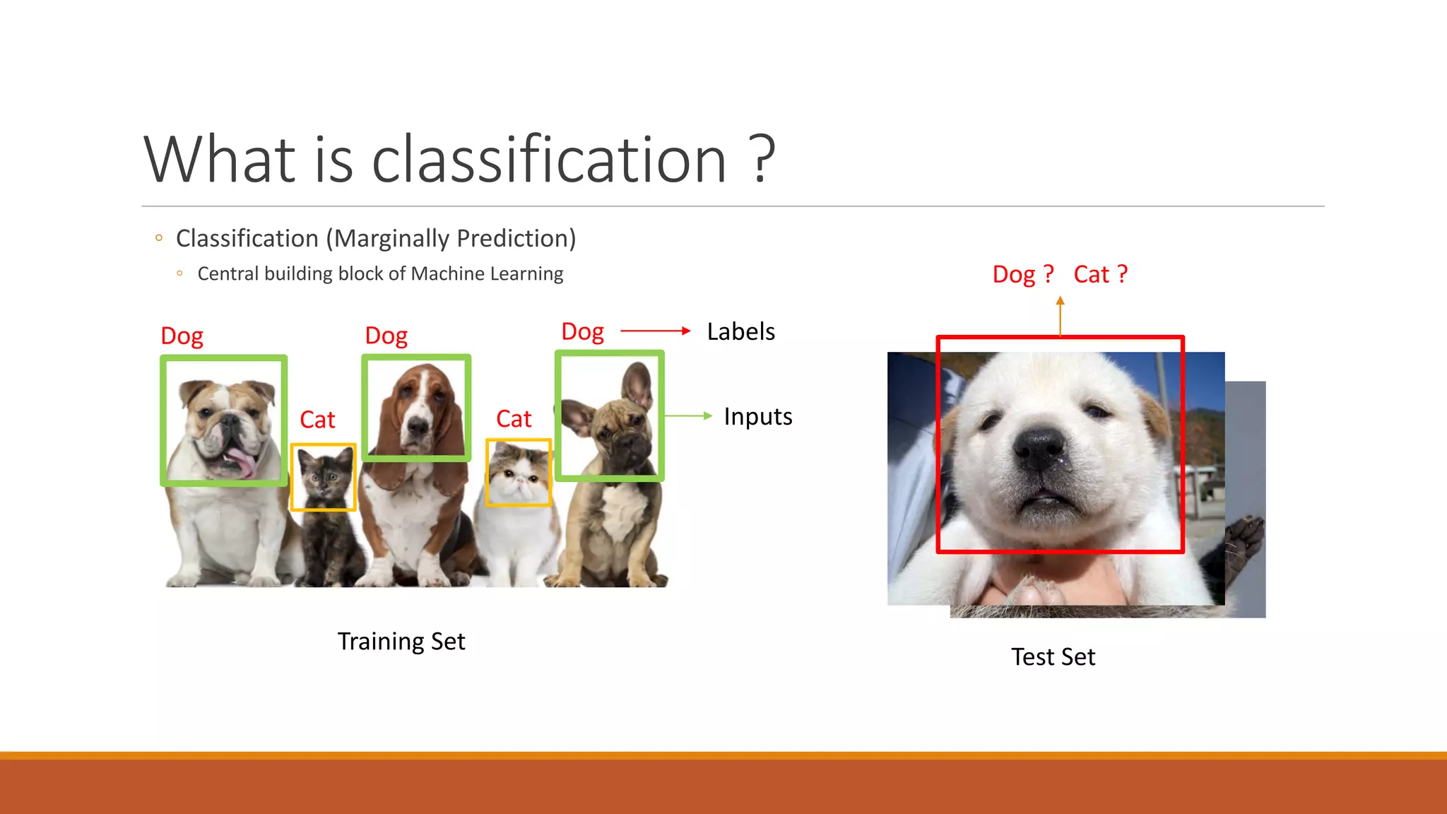 What is classification ?
◦ Classification (Marginally Prediction)
◦ Central building block of Machine Learning
Training Set
Dog Dog Dog
Cat Cat
Test Set
Dog ? Cat ?
Inputs
Labels
 