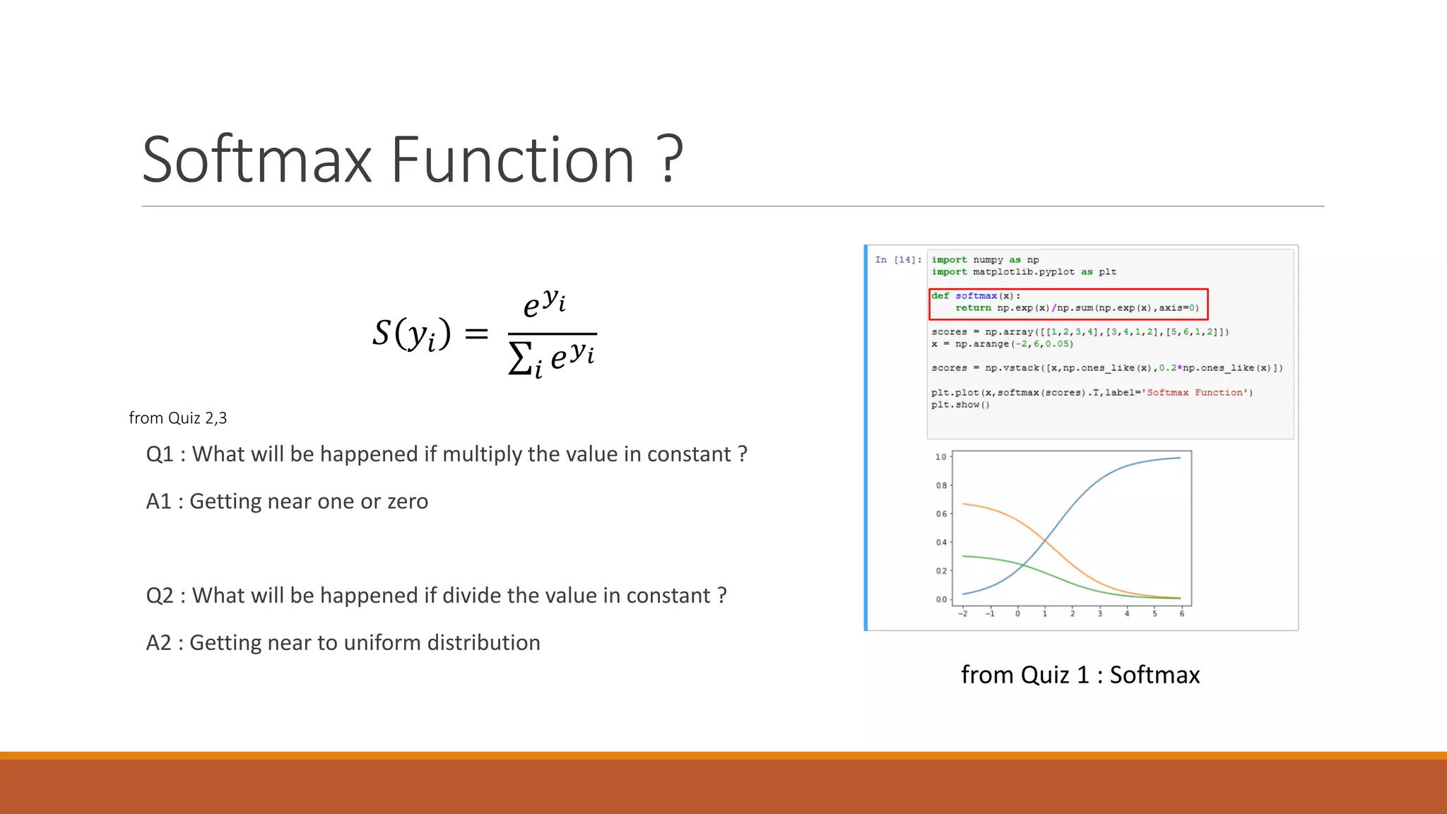 Softmax Function ?
Q1 : What will be happened if multiply the value in constant ?
A1 : Getting near one or zero
Q2 : What will be happened if divide the value in constant ?
A2 : Getting near to uniform distribution
𝑆𝑆 𝑦𝑦𝑖𝑖 =
𝑒𝑒 𝑦𝑦𝑖𝑖
∑𝑖𝑖 𝑒𝑒 𝑦𝑦𝑖𝑖
from Quiz 1 : Softmax
from Quiz 2,3
 