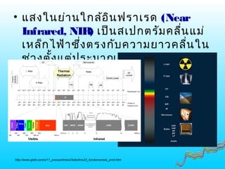 • แสงในย่านใกล้อินฟราเรด (Near
Infrared, NIR) เป็นสเปกตรัมคลื่นแม่
เหล็กไฟ้าซึ่งตรงกับความยาวคลื่นใน
ช่วงตั้งแต่ประมาณ 780 จนถึง 2500
นาโนเมตร
http://www.glatt.com/e/11_presse/times23site/tms23_fundamentals_print.htm
 