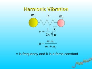 µπ
ν
k
2
1
=
21
21
mm
mm
+
=µ
m1 m2
k
ν is frequency and k is a force constant
Harmonic VibrationHarmonic Vibration
 