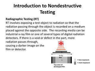 Introduction to Nondestructive
Testing
Radiographic Testing (RT)
RT involves exposing a test object to radiation so that the
radiation passing through the object is recorded on a medium
placed against the opposite side. The recording media can be
industrial x-ray film or one of several types of digital radiation
detectors. If there is a void or defect in the part, more
radiation passes through,
causing a darker image on the
film or detector.
Top view of
developed film
X-ray
film
= more exposure
= less exposure
 