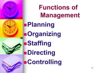 Functions of
Management
◼Planning
◼Organizing
◼Staffing
◼Directing
◼Controlling
13
 