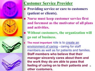 Customer Service Provider
◼ Providing service or care to customers
(patient or clients).
◼ Nurse must keep customer service first
and foremost as the motivator of all plans
and activities.
◼ Without customers, the organization will
go out of business.
◼ The most important role is to create an
environment of caring - caring for staff
members as well as for patients and families.
Staff members who believe that their
manager sincerely cares about them and
the work they do are able to pass that
feeling of caring on to their patients and
other customers.
16
 