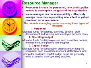 Resource Manager
◼ Resources include the personnel, time, and supplies
needed to accomplish the goals of the organization.
◼ Nurse manager has the responsibility - effectively
manage resources in providing safe, effective patient
care in an economic manner.
The nurse is managing resources using three types of
Budgets:
1. Personnel
Allocates funds for salaries, overtime, benefits, staff
development and training, and employee turnover costs
2. Operating budget
Allocates funds for daily expenses such as utilities, repairs,
maintenance, and patient care supplies
3. Capital budget
Allocates funds for construction projects and/or long-life
equipment such as cardiac monitors, defibrillators, and
computer hardware; capital budget items are generally
more expensive than operating supplies.
19
 