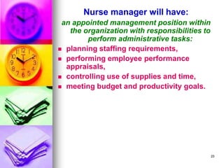Nurse manager will have:
an appointed management position within
the organization with responsibilities to
perform administrative tasks:
◼ planning staffing requirements,
◼ performing employee performance
appraisals,
◼ controlling use of supplies and time,
◼ meeting budget and productivity goals.
23
 