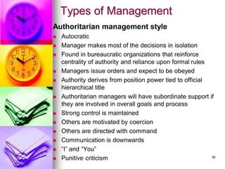 Types of Management
Authoritarian management style
◼ Autocratic
◼ Manager makes most of the decisions in isolation
◼ Found in bureaucratic organizations that reinforce
centrality of authority and reliance upon formal rules
◼ Managers issue orders and expect to be obeyed
◼ Authority derives from position power tied to official
hierarchical title
◼ Authoritarian managers will have subordinate support if
they are involved in overall goals and process
◼ Strong control is maintained
◼ Others are motivated by coercion
◼ Others are directed with command
◼ Communication is downwards
◼ “I” and “You”
◼ Punitive criticism 30
 