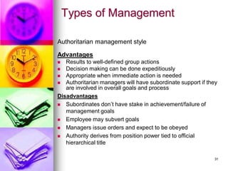 Types of Management
Authoritarian management style
Advantages
◼ Results to well-defined group actions
◼ Decision making can be done expeditiously
◼ Appropriate when immediate action is needed
◼ Authoritarian managers will have subordinate support if they
are involved in overall goals and process
Disadvantages
◼ Subordinates don’t have stake in achievement/failure of
management goals
◼ Employee may subvert goals
◼ Managers issue orders and expect to be obeyed
◼ Authority derives from position power tied to official
hierarchical title
31
 