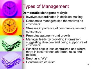 Types of Management
Democratic Management Style
◼ Involves subordinates in decision making
◼ Democratic managers see themselves as
coworkers
◼ Stresses importance of communication and
consensus
◼ Promotes autonomy and growth
◼ Manager leads by providing information,
suggesting direction and being supportive of
coworkers
◼ Function best in less centralized and where
there is less reliance on formal rules and
policies
◼ Emphasis “We”
◼ Constructive criticism 32
 