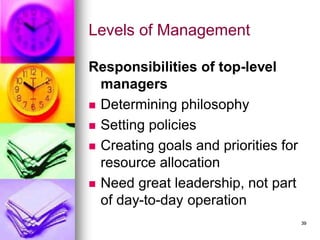 Levels of Management
Responsibilities of top-level
managers
◼ Determining philosophy
◼ Setting policies
◼ Creating goals and priorities for
resource allocation
◼ Need great leadership, not part
of day-to-day operation
39
 
