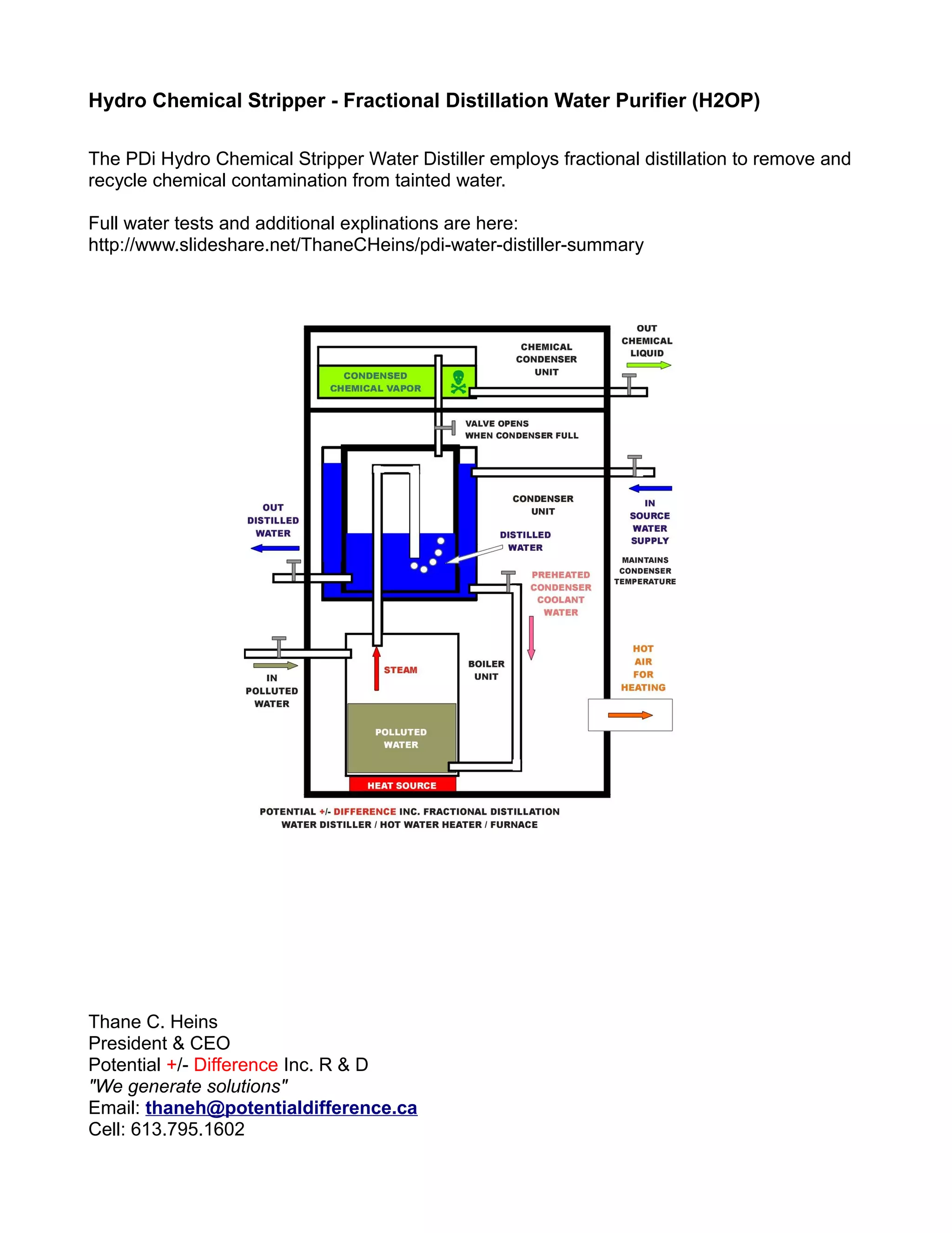 Hydro Chemical Stripper - Fractional Distillation Water Purifier (H2OP)
The PDi Hydro Chemical Stripper Water Distiller employs fractional distillation to remove and
recycle chemical contamination from tainted water.
Full water tests and additional explinations are here:
http://www.slideshare.net/ThaneCHeins/pdi-water-distiller-summary
Thane C. Heins
President & CEO
Potential +/- Difference Inc. R & D
"We generate solutions"
Email: thaneh@potentialdifference.ca
Cell: 613.795.1602
 